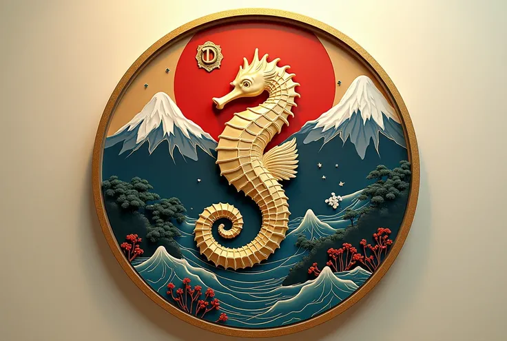 A logo design was created with the letters MJP in the center.。Japanese floating painting style、Seahorse Design. Japanese style、Japanese-style、high quality, A luxurious image. In the center is a map of Japan、Malaysia map hidden、Ocean、Mountain、All designs ar...