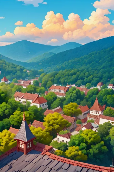 High Angle，Overlooking，Minority ethnic buildings，Building on a hill，Beautiful natural scenery，sunny，There are clouds in the sky