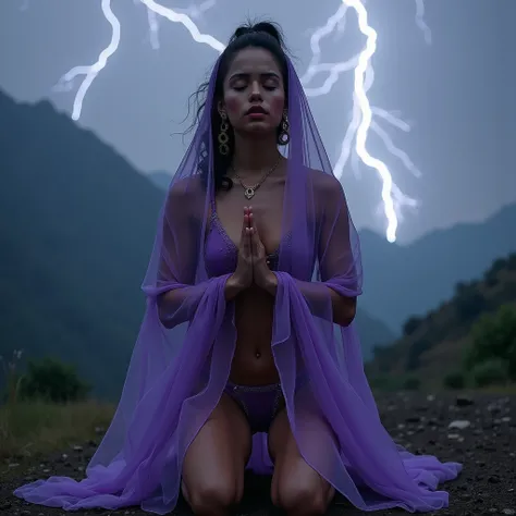 1 gorgeous nubile Colombian witch is praying, and shes covered from the shoulder down by a purple gossamer body veil while wearing a Jezebel in the bible harem bikini regalia, and doing extreme squatting, 3:4 full frontal body portrait, ((merge and use you...