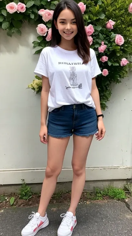 masterpiece, a young beautiful girl, Smiling, looking at camera, standing in front of a rose bush, Wearing shorts and a T-shirt, white sneakers. Wearing a top and shorts, Flowers, Full body image, Casual pose, Slender legs