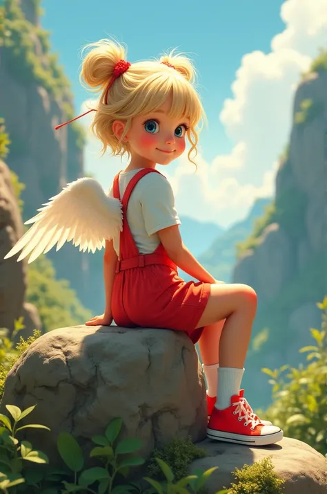 a  girl. with short blonde hair. Wavy. with pigtails. with red short overalls. with neon red converse tennis shoes. with white socks. how angel. smiling. in the background of a landscape. looking back. on a rock. dirty 