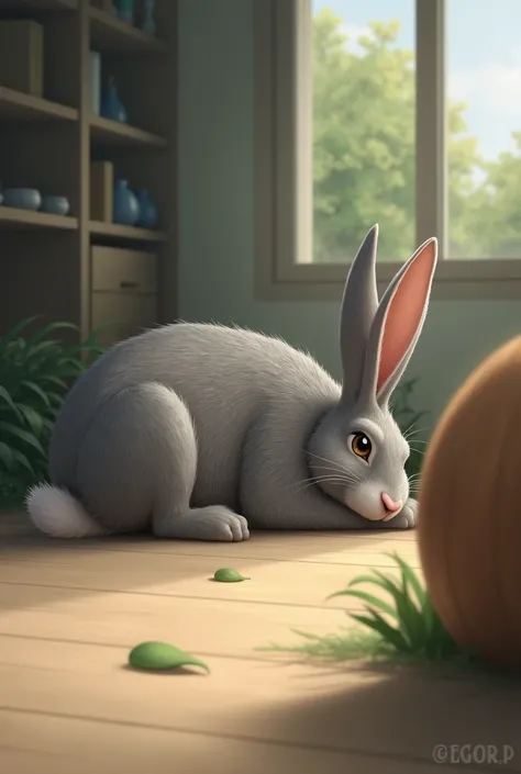 An image where a little less than half on the right side there is a blurred wooden object that covers half of the image in the foreground and on the other part a rabbit, quite big, gris con un pelaje notorio mirando hacia la izquierda quite big, Laying fac...