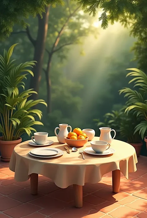 A casual breakfast scene on a warm-toned tiled table  , Placed in the center. in the background, Lush greenery add a natural feel., Relaxed atmosphere. The overall lighting is warm and inviting., Creates soft shadows