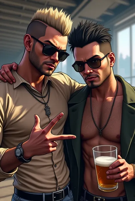  A man with half a body and a clean-shaven face, and a man with black hair and a clean-shaven face looking forward, one of the men makes a hand sign, In sunglasses, man with half body in GTA V style, like a character from gta, gta5 style, GTA V style, gta ...