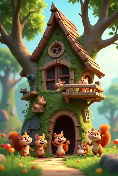 Need 3D animation style"Celebrating Imperfections**: The treehouse isn’t ideal, but it’s still celebrated with squirrel and animal freand. How does this reflect the idea that flaws can make something special?