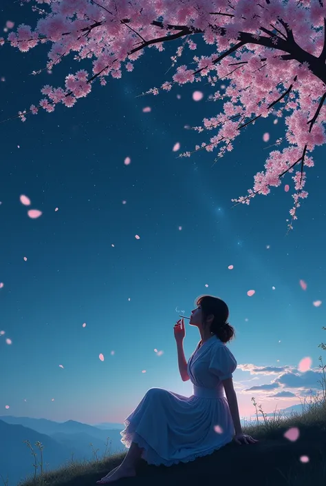  japanese, sitting under a cherry tree, smoking a cigarette, looking at the starry sky of the full moon, with petals falling in a light breeze, she is wearing an Alice in Wonderland dress, PICTURE REALISTIC