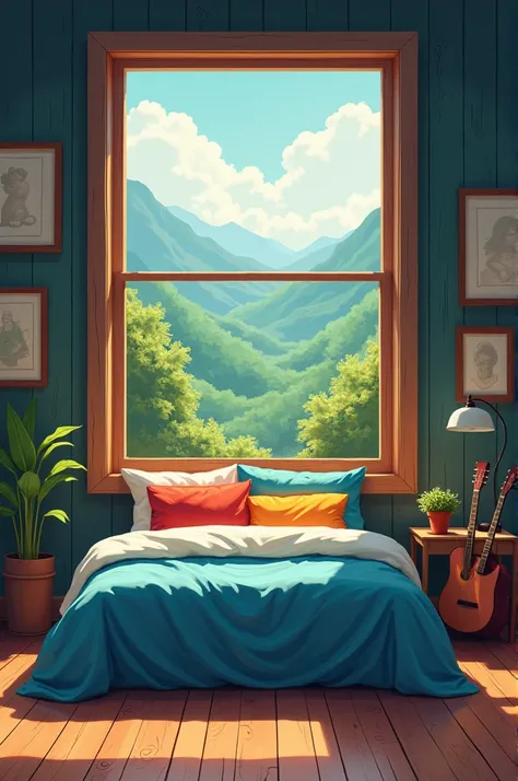 The image is a digital illustration of a bedroom with a large window. The window has a view of trees and greenery outside. The room has a wooden floor and a blue bed with a blue comforter and colorful pillows. On the right side of the window, there is a wo...