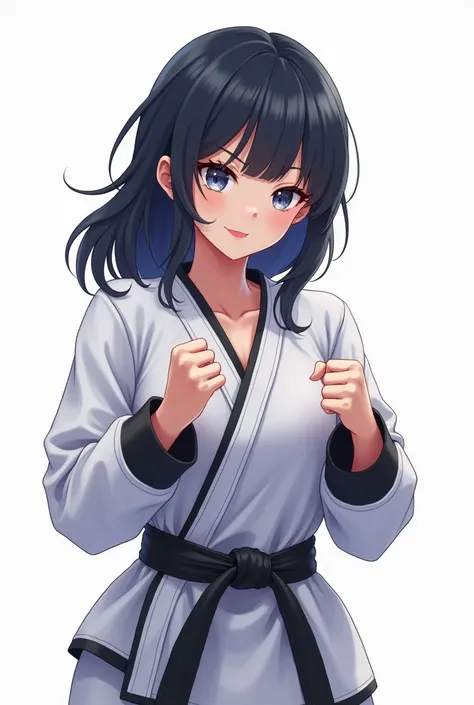 (photorealism:1.2),Anime beautiful woman, cool black hair, wear Taekwondo Uniform, Clench fists, smile, in a write backgound，