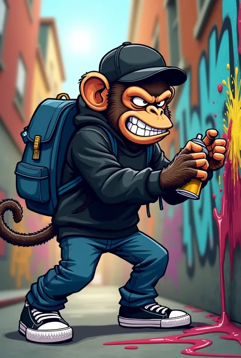 Cartoon style illustration of a monkey wearing a graffiti outfit and a black sweatshirt, black cap and backpack navy blue jeans rapper, In his right hand he is using a spray can and Adidas shell tennis shoes, with angry face