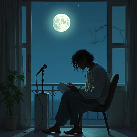 It illustrates a man with dark skin and long, wavy hair., sitting alone on a chair by his balcony, immersed in the creation of poems. at your side, A window reveals a serene night illuminated by the full moon, bathing the scene in a soft glow. She wears ov...