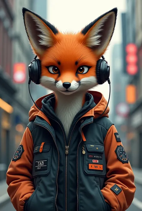 Fox in a young hacker style jacket with headphones on