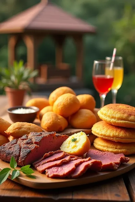 Tequeños, 2 kilos of roast beef, 4 arepas and a pavilion on a table 