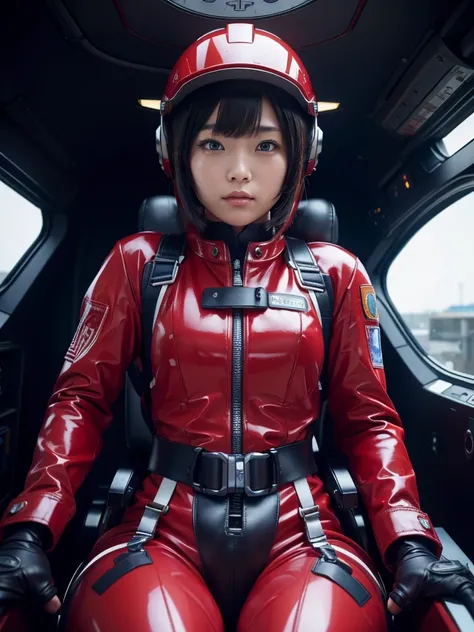 masterpiece, Highest quality, Very detailed, Japanese Android girl, Beautiful 2 Japanese woman, Plump,Control panel,Android,cyborg,Blunt bangs,Sitting in the cockpit,Red pilot suit,Strapped to the seat with a harness,Full-face helmet,