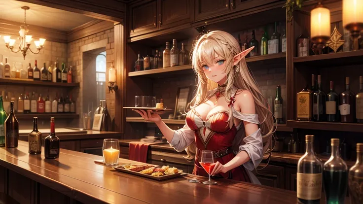 A cozy, stone-built elven bar with an elegant elf bartender preparing a drink for a customer, depicted in an anime style. The elf has delicate features, long flowing hair, and pointed ears. The bar is warmly lit by candlelight, with vintage bottles and gla...