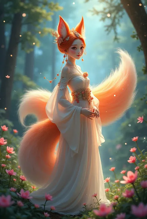 A captivating nine-tailed fox girl, adorned in a delicate and elegant hanbok, gracefully poses amidst a whimsical, enchanted forest. Her vibrant, fantastical tail unfurls behind her, shimmering with iridescent hues. The hanbok, adorned with intricate flora...