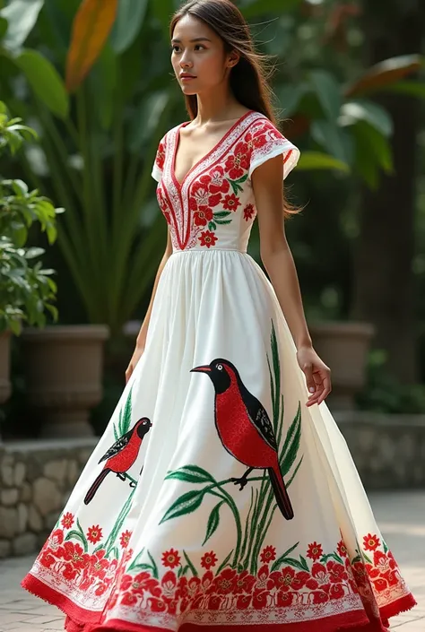 Long white dress with the red guara of Honduras with a hummingbird and toucan painted on the dress. 
