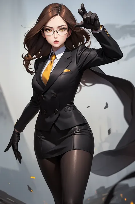 masterpiece, best quality, brown hair, sfkolin, glasses, black shiny skirt suit, (((three-piece suit))), necktie, blazer, suit j...