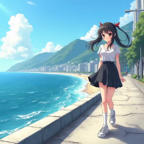 Anime Style,
Ocean沿いを歩く一人の少女.
She is wearing a cute white blouse with short sleeves and no buttons., Wearing a black flared skirt, Not a school uniform,
Wearing white knee-high socks, Wearing sneakers.
Her hair is red ribbons low twintails, very long and b...