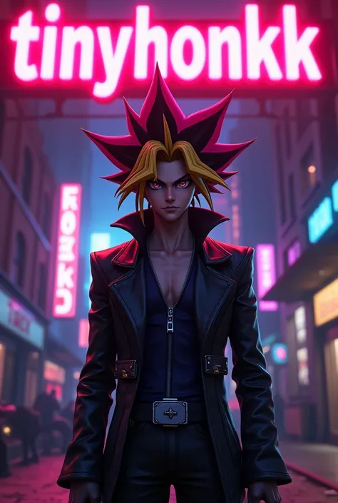 Yami Yugi in the background, which is preceded by a neon sign with "Tinyhonkk" written on it