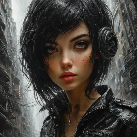 shocking painting of a dystopian image of a woman with short dark hair, with a calm gaze , black leather jacket , beautiful figu...