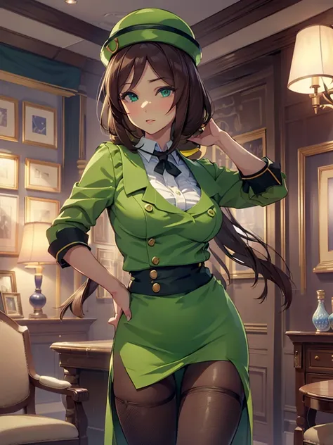 (​masterpiece、top-quality、hight resolution、Unity 8k、extremely details CG:1,Best Picture), hayakawa tazuna, low ponytail, green headwear, green jacket, green skirt, pantyhose, A seductive woman with voluptuous curves, wearing revealing lingerie, heavy makeu...