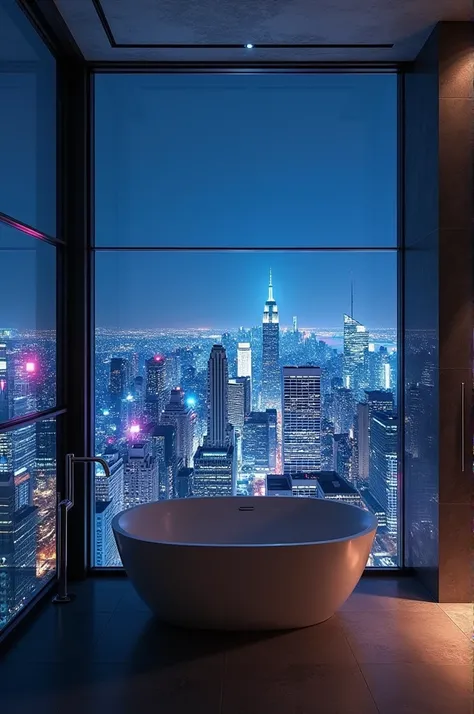 Bathroom without walls with a view of the night city
