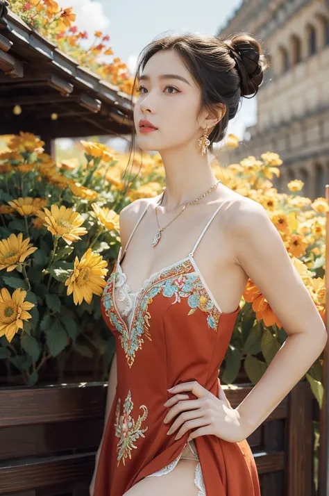 (((best quality))), (((ultra detailed))), (((masterpiece))), illustration,((1 beautiful girl,solo)),(on the Great Wall:1.3),(neat bun:1.2),((earrings,necklace)),((slim,thin)),((small breasts,flat chest)),((October, sunny, autumn,bright sunshine)), magnific...