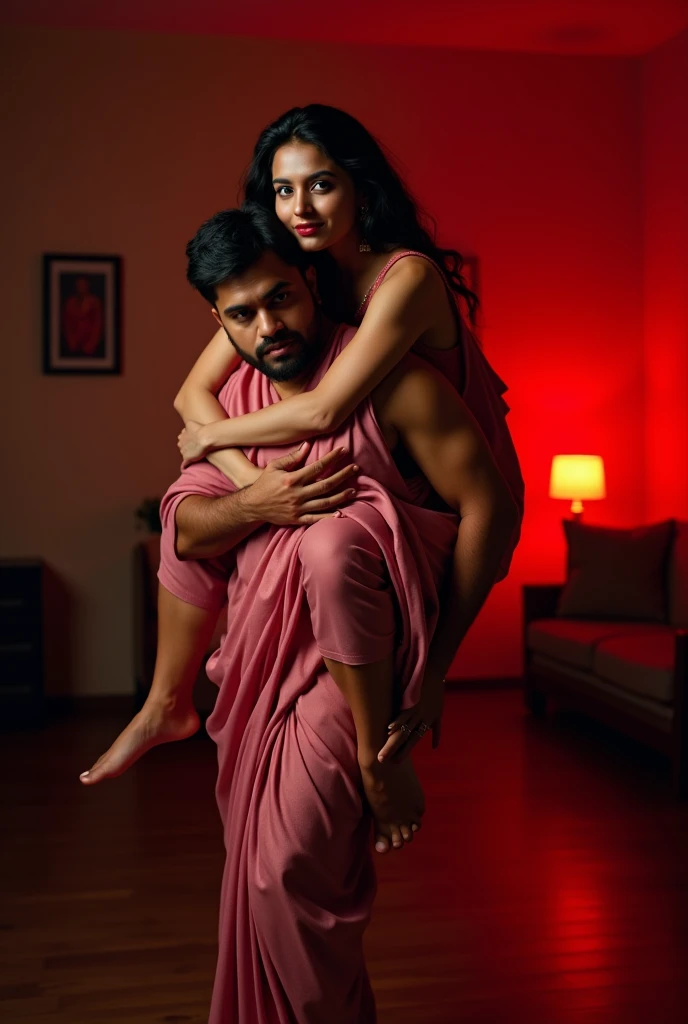 Beautiful and Slim sensual Indian woman in a dark pink silk saree lifting piggyback a large chubby man above her shoulders, man is sitting on womans shoulders, in a red light room with high ceiling, natural smile, woman is looking into the camera , she is ...