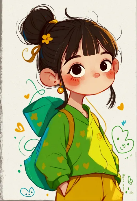 flat wind，vector，childish art cartoon，oil pastel graffiti，a cute chinese chibi girl in green with yellow pants, in the style of ...