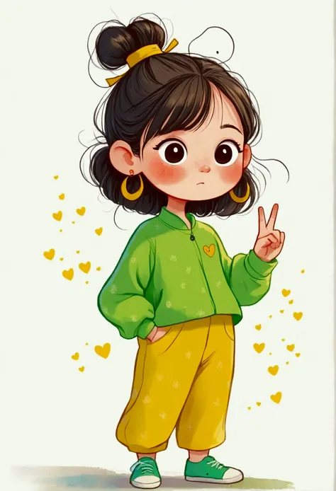 flat wind，vector，childish art cartoon，oil pastel graffiti，a cute chinese chibi girl in green with yellow pants, in the style of ...