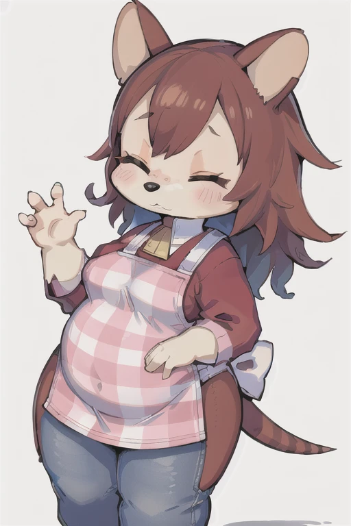 1girl, furry female, cowboy shot, mabel_(ac),blush stickers, eyebrows, striped tail, closed eyes, plaid apron, snout, chubby, sm...