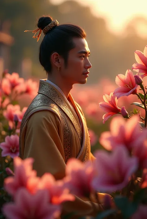  " A man wearing a Thai costume from the Ayutthaya period, handsome like a man from the past, with fair skin, is standing and admiring the Rampue flowers, showing his face thinking of his beloved, thinking of his beloved. The background is an evening atmos...