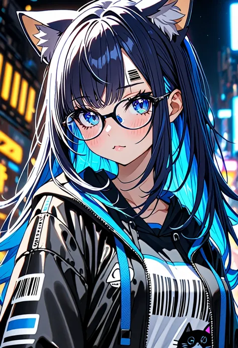 8k ultra high-quality, ultra-detailed, high quality, 2, dark blue hair, neon blue inner layer hair, long hair, cat ears, jacket,...