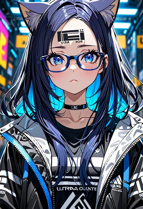 8k ultra high-quality, ultra-detailed, high quality, dark blue hair, neon blue inner layer hair, long hair, cat ears, jacket, gl...