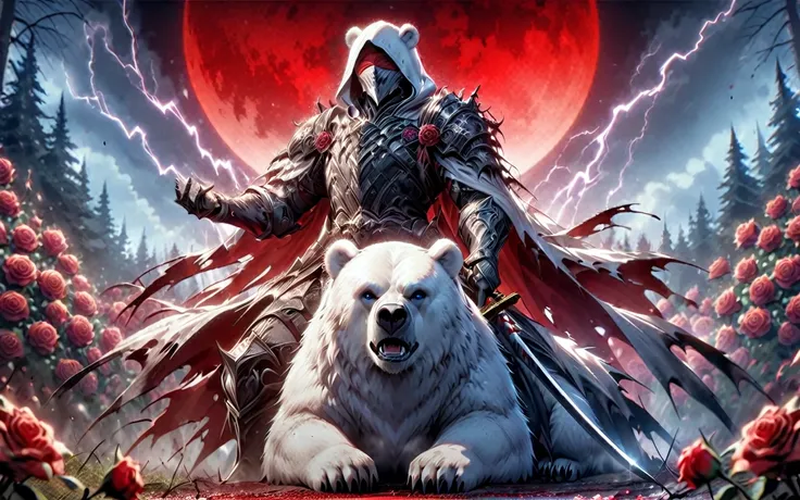 dynamic picture, in it one man with a white hood with bear ears and a katana sits riding a big polar bear in a forest while the ...