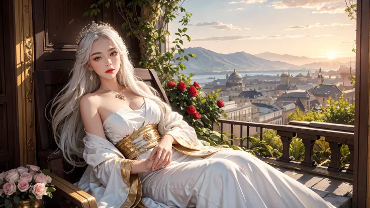 there is a girl looking out the window at the sunset, the girl is wearing a gorgeous princess dress, ivory white hair to her sho...