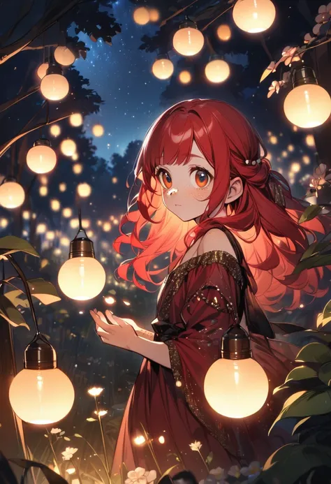 young girl(red hair, freckles, big eyes), gypsy gown, night sky, flowers trees, fireflies, ambient moonlight