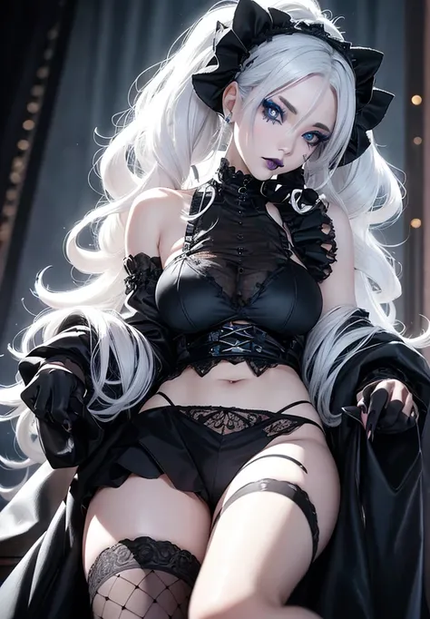  A gothic punk goth girl, perfect face, beautiful Asian woman with long White hair in White curls and coils, very cute and           beautiful girl, (highly detailed beautiful face), high detailed fingers, (wearing panties, topless), detailed face,
]cowboy...