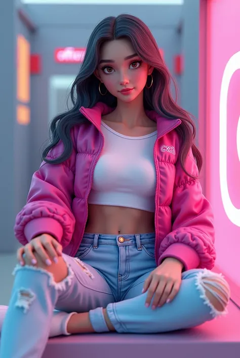 (photorealism:1.2), beautiful woman, 
Create a 3D illustration of a young woman with long hair and brown eyes, who wears a casual outfit consisting of a fuchsia jacket with the CYZONE logo, a WHITE t-shirt and some light blue ripped jeans. It&#39;s resting...