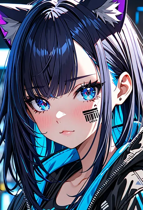 8k ultra high-quality, ultra-detailed, high quality, dark blue hair, neon blue inner layer hair, long hair, cat ears, jacket, ba...