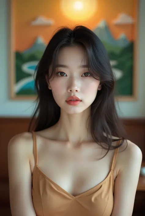 super impressive realistic photo quality, a close-up analog raw candid photo of, a most beautiful korean idol woman facing the viewer, wearing a trendy dress sitting in a cafe, the interior design of the cafe is very aesthetic and inside the cafe there are...