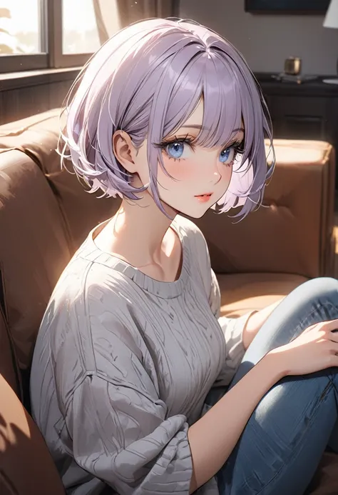 ((best quality)), ((Masterpiece)), (details), Young woman, alone, ( light purple hair, blue eyes, ((short hair)) , beautiful face, Beautiful skin, Long eyelashes, Thick eyelashes) , Wear casual clothes, living room, sitting on the sofa, look away