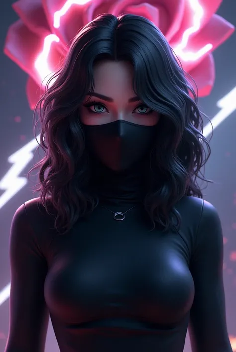 Free fire game style female character, featuring. long curly hair. With a black mask and a black turtleneck . So"Written" . With background and white lightning rose game version 
 

 
