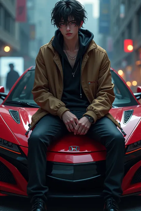 a close up of a boy sitting on a car honda nsx-r with a jacket on name NICHI, realistic artstyle, realism artstyle, e - boy, e-boy, realistic art style, striking detailed artstyle, photorealistic artstyle, photorealistic!!!!!!! art style, [ 4 k digital art...