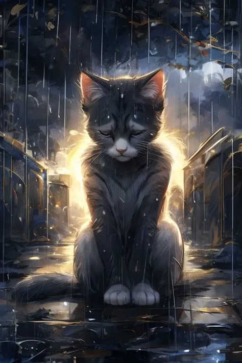 A kitten, sad, under the rain