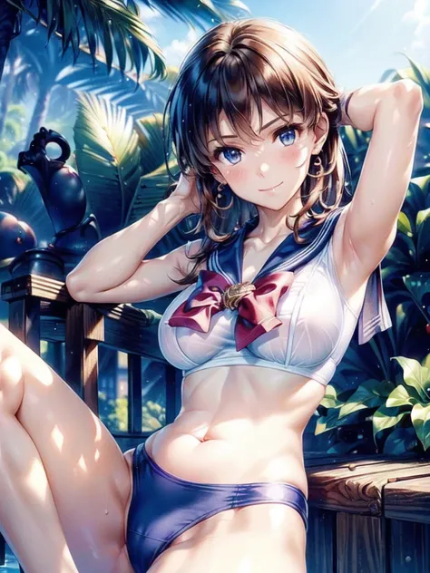 1 female, By the pool,  (Micro Thong), (((Under the chest))), ((Crop Tops Sheer Shirts)), (Sailor suit for upper body only), Sitting by the pool, (Raise one knee), masterpiece, 最high quality, high quality, High resolution, high qualityの質感, Attention to det...