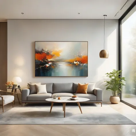 a modern living room with a cozy sofa and a low coffee table,abstract art paintings hanging on the wall,minimalist decor in whit...