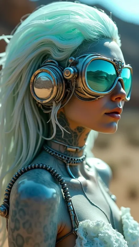 Ethereal Cyborg Woman, (bioluminescent jellyfish tiara:1.4) . Steampunk goggles merge with translucent tentacles. Cracked porcelain skin meets iridescent scales. (Mechanical implants and delicate tendrils intertwine:1.4) . Human characteristics with an oth...