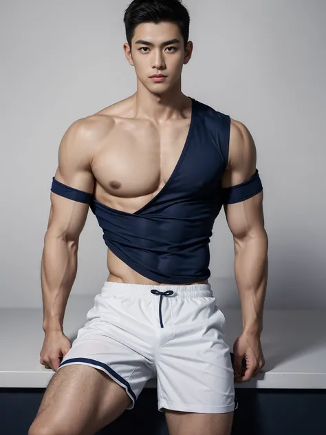 1 Handsome  naked Japanese guy ，Sexy pose, A 20 year-old man wearing a Bare chest shirt and Excellent shorts stands against a white background, navy Blue, navy Blue, Sports T-shirt, Blue, Excellent Sportswear, Gorgeous and sexy clothes, Sportswear, Short s...