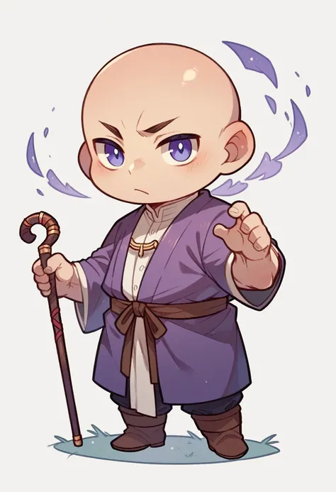 A monk wearing a purple robe,male,bald,Holding a cane,chibi,Pure white background